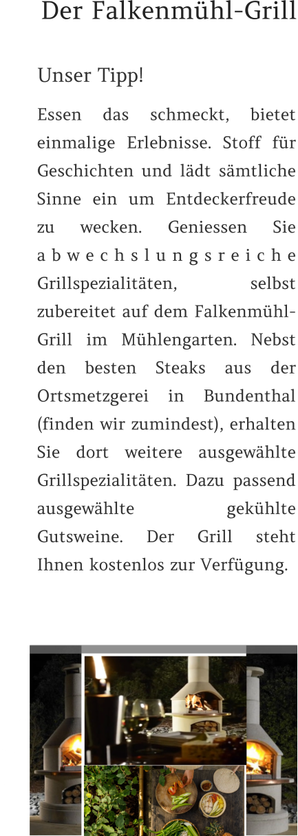 Unser Tipp!   Essen das schmeckt, bietet einmalige Erlebnisse. Stoff für Geschichten und lädt sämtliche Sinne ein um Entdeckerfreude zu wecken. Geniessen Sie abwechslungsreiche Grillspezialitäten, selbst zubereitet auf dem Falkenmühl-Grill im Mühlengarten. Nebst den besten Steaks aus der Ortsmetzgerei in Bundenthal (finden wir zumindest), erhalten Sie dort weitere ausgewählte Grillspezialitäten. Dazu passend ausgewählte gekühlte Gutsweine. Der Grill steht Ihnen kostenlos zur Verfügung.    Der Falkenmühl-Grill